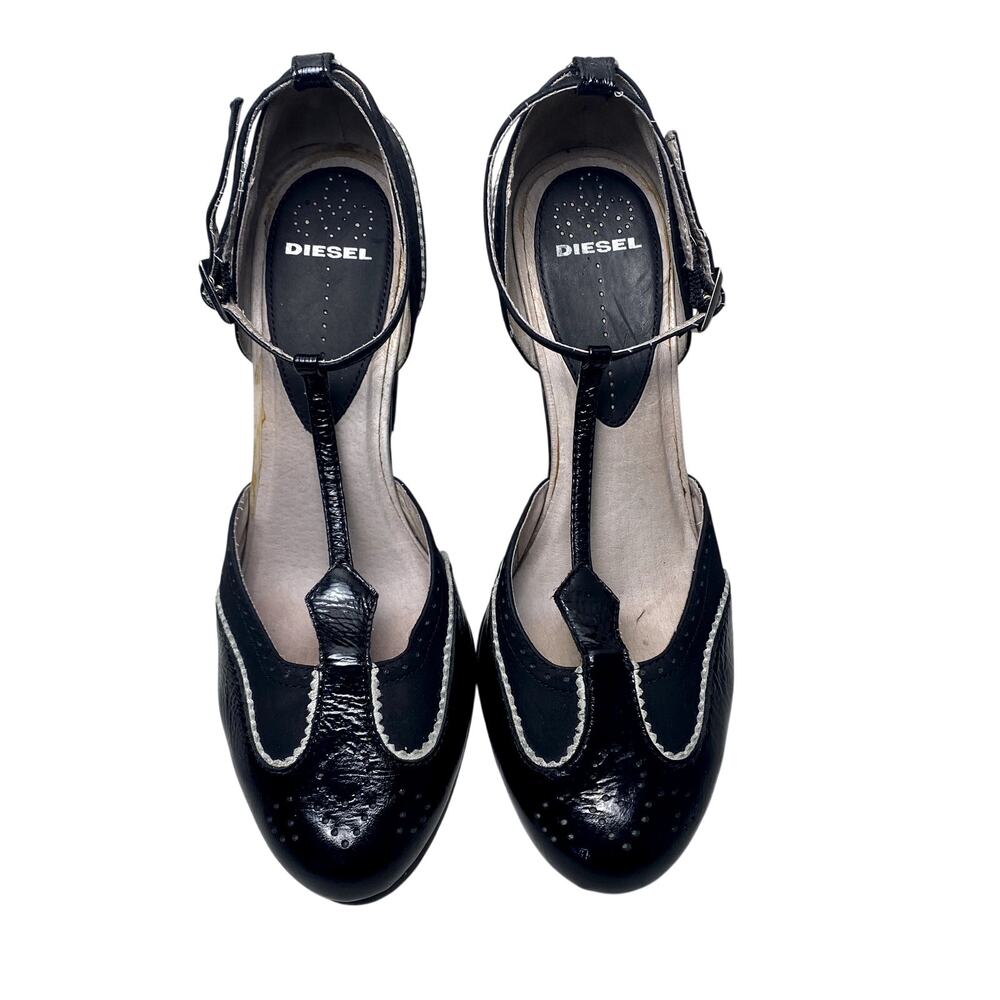 Diesel Black Genuine Leather T- Strap Wingtip Vintage Inspo Pin Up Heels Sz 9 US - Picture 8 of 16